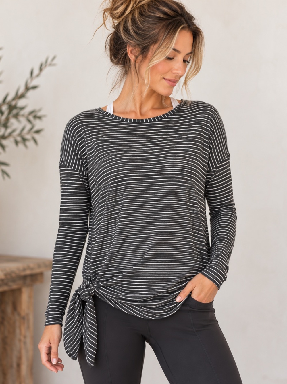 LULU LEMON To The Point Modern Stripe Heathered Black Long Sleeve